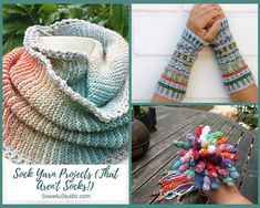 three pictures with different designs and colors on them, including scarfs that are crocheted