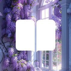 an open window with purple flowers on the outside and white frames in front of it