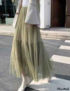 Olivia Mark - Exquisite Flared Midi Skirt with Pleated Layers and Bouncy Hem Organza Midi Skirt, Sheer Midi Skirt, Pleated Tulle Skirt, Harajuku Clothes, Mesh Maxi Skirt, Dance Attire, Skirt With Pleats, Chiffon Maxi Skirt, Tulle Maxi Skirt