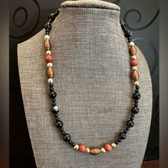 It Make A Memorable Impression With This One Of A Kind Jewelry. Colorful, Chic, Elegant, High Quality Stylish, Modern Jewelry . Handmade 18” Men Necklace With Semi Precious Gemstones Black Striped Agate, Black Onyx 6mm, Wood Beads,Vintage Light Gold Color Beads And Lobster Clasp. Adjustable Orange Necklaces With Black Beads, Black Necklaces With Unique Variations As Gifts, Black Necklace With Unique Variations For Gift, Adjustable Orange Necklace With Black Beads, Orange Necklace With Black Beads For Gift, Gift Necklace With Orange And Black Beads, Black Single Strand Necklace For Gift, Bullet Necklace, Jewelry Colorful