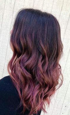 Chocolate Mauve Balayage, Violet Lowlights In Brown Hair, Red Purple Balayage, Violet Copper Hair, Dark Rose Gold Hair Brown, Plum Balayage Hair, Copper And Purple Hair, Rose Brown Balayage, Caramel Copper Balayage