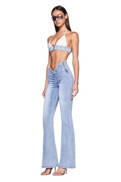 Details Best-selling Nevah Denim Pant Light Blue wash is back Low-mid rise waist and flared silhouette Flattering V-shaped waistband with fringe detailing Adjustable drawstring detail at front waist - Can be tucked in Features sandblasting effect on thighs and on behind Side seam zipper Recommended Underwear: Due to the low-rise fit, we recommend wearing this garment with a seamless low-rise brief Size and Fit True to size. We recommend wearing your standard size Low to mid rise. Rise is adjusta 2000 Fashion Outfits, Mermaid Pants, 2000 Fashion, Drawstring Detail, Cute Pants, Curly Girl Hairstyles, Fashionista Clothes, Denim Branding, Denim Flares