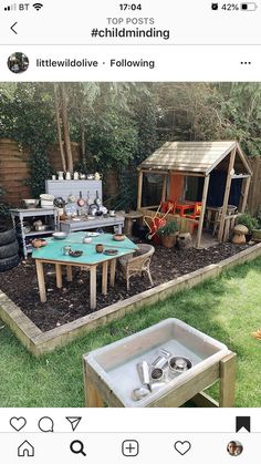 an outdoor kitchen is set up in the yard