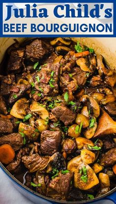 a close up of food in a pan with the title julia child's beef bourgughon