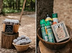 a basket filled with lots of different items next to a tree stump in the woods