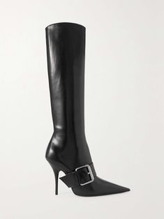 BALENCIAGA Knife buckled leather knee boots | NET-A-PORTER 90s Girl Fashion, Balenciaga Boots, Trendy Shoes Sneakers, Leather Knee Boots, Black Knee High Boots, Balenciaga Shoes, Black Knees, Shoe Closet, Boots Knee