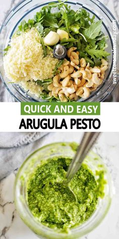 quick and easy rocket pesto recipe in a glass bowl with the title above it