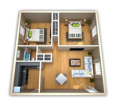 an overhead view of a two bedroom, one bath apartment with living room and dining area