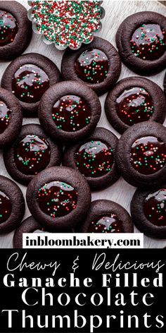 chocolate covered cookies with sprinkles on top and text overlay reading glazey & delicious ganache filled chocolate thumb prints