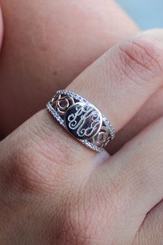 Monogram Rings Silver, Silver Monogram Ring For Wedding, White Monogram Initial Ring For Anniversary, Monogrammed White Initial Ring For Anniversary, White Monogram Ring For Anniversary, White Gold Monogram Promise Ring, Monogram White Gold Promise Ring, Sterling Silver Monogram Rings For Promise, Sterling Silver Monogram Promise Ring