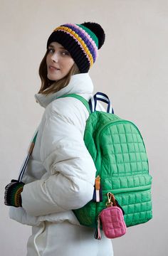 Chic Backpack, Green Backpacks, Everyday Casual Outfits, Quilted Backpack, Knit Texture, Quilted Pattern, Winter Hats Beanie, Pink Backpack, Cold Weather Accessories