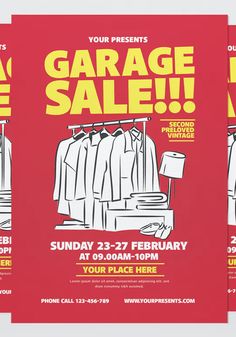 three red and yellow flyers for a garage sale