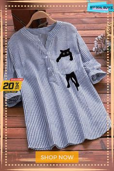 Cat Print Casual Blouse Spring Long Sleeve Tops With Cat Design, Mode Tips, Laundry Guide, Kurti Design, Refashion Clothes, Collar Designs, Blouse Online, Linen Top, Henley Shirts