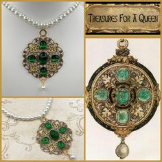 For those seeking a necklace that will make you feel regal, consider this historical replica inspired by the drawings of the renowned 16th-century portrait artist, Hans Holbein the Younger. It's an exquisite addition to any Medieval, Renaissance, or Tudor reenactment attire. **This necklace will be made just for you and will take 3 to 5 business days to ship.** NEW Deluxe version now available - For an additional $7.50, you can have this pendant strung on an 18 inch strand of 8mm glass pearls to replace the black cord. This pendant embodies the lavishness of the Tudor era.  The base for this large piece measures nearly 2 and 1/2 inches in both height and width and is made of antiqued brass.  Adorning the large brass filigree are 4 12x10mm Emerald Green glass cabochons each set in a brass s Baroque Historical Design Necklace For Gift, Baroque Necklace With Historical Design As A Gift, 16th Century Portraits, Medieval Reenactment, Hans Holbein The Younger, Queen Images, Hans Holbein, Tudor Era, Medieval Ages