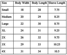 size chart for the body width and length