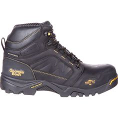 The Georgia Boot® Amplitude Composite Toe Waterproof Work Boot is a sporty Hiker that will also do the job of a work boot. This 6 inch black boot has a full-grain leather upper that is soft and makes it easy to break in. The heel and toe are made of rubber that is durable and built to hold up through tough jobs.This boot meets ASTM F2413 Standards for Protective toe and Electrical hazard classifications. The Ergo-Fit Safety toe design is made to match the contours of your feet providing superior Black Work Boots, Georgia Boots, Closed Toe Shoes, Work Boots Men, Black Work, Work Boot, Shoe Carnival, Round Toe Heels, Work Boots