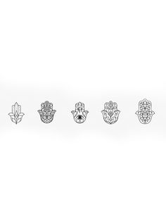 five hand drawn designs on a white background, each with different shapes and sizes to make it look like they are holding something in their hands