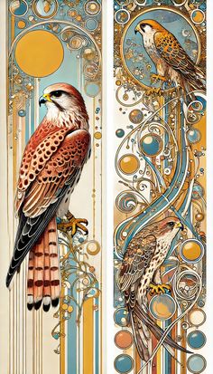 two birds sitting on top of each other in front of an ornate design with circles