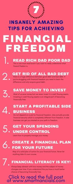 a pink poster with the words 7 amazing tips for achieving financial freedom on it's side