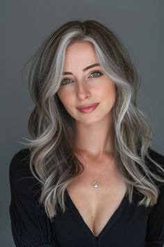 Butterfly Haircut Gray Hair, Gray Hair Under 40, Brunette Hair With Gray Highlights, Butterfly Haircuts, Long Grey Hair, Beautiful Gray Hair, Natural Gray Hair