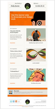 an orange and white web page with pictures on the front, side and back sides