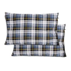 two blue and yellow plaid pillows on a white background, one is folded up to the side