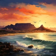 a painting of a sunset over the ocean with birds flying in the sky and mountains in the background