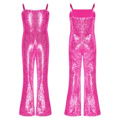 pink sequin jumpsuits with straps on the side and one leg in front