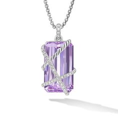 The Cable Wrap Collection redefines how a gemstone is set. Instead of using prongs or a bezel to hold the stone in place, it is elegantly wrapped with strands of Cable and diamonds. Sterling silver Lavendar amethyst, 32mm Pave-set diamonds, 0.92 total carat weight Amulet, 35 x 21.7mm Functioning bail allows pendant to attach to a necklace or bracelet. Style Number:D17554DSSAALDI Elegant Purple Jewelry With Polished Finish, Luxury Kunzite Jewelry With Accent Stones, Luxury Purple Diamond-cut Jewelry, Luxury Lavender Jewelry With Gemstone Accents, Formal Kunzite Jewelry With Prong Setting, Luxury Lavender Jewelry As A Gift, Elegant Amethyst Pendant Gemstone, Elegant Lavender Jewelry With Gemstone Accents, Luxury Lavender Amethyst Jewelry