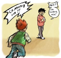 an image of a cartoon boy talking to another person with speech bubbles above his head