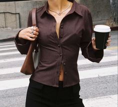 1983 Womens Fashion, Outfit With Collared Shirt, Top Button Buttoned Shirts, Basic Outfit With Accessories, Sweatpants And Button Up Shirt, Fitted Collared Shirt Women, Button Up Business Casual Women, Brown Basic Top Outfit, Cool Long Sleeve Tops