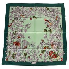 Gucci brand new scarf with flowers and birds, green, mint color way, 100% silk, 35" x 35". Hand rolled edges. Gucci Brand, Green Hydrangea, Square Silk Scarf, Green Mint, Floral Squares, Dream Style, Floral Scarf, Mint Color, Silk Scarf