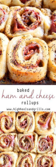 baked ham and cheese roll ups with poppy seeds on top are shown in this collage