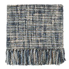 a blue and white plaid blanket with fringes