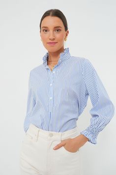 Blue and White Stripe Teagan Popover Top | Tuckernuck Classic Blue Shirt With Striped Collar, Blue And White Striped Button Down Shirt, Classic Button-up Tops With Striped Collar, White Striped Collar Button-up Blouse, Neck Ruffle Collar, Blue Vertical Stripes Button-up Blouse, Feminine Details, Popover Shirt, Gray Wedding