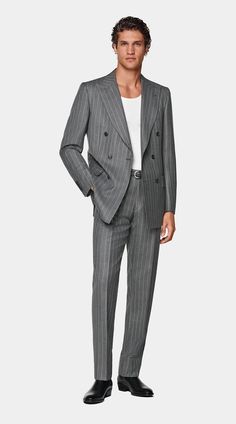 Mid Grey Striped Tailored Fit Milano Suit in Pure Wool Grey Slim Fit Suit, Groom Suit Grey, Silver Blazer, Grey Suit Men, Suit Supply, Black And White Suit, Blazer Outfits Men, Medical Animation, Striped Suit