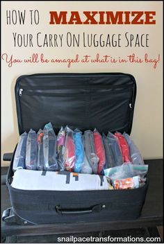 an open suitcase filled with lots of bags