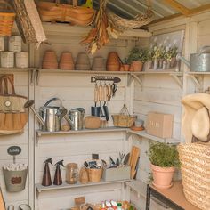 a room filled with lots of pots and pans next to a shelf full of plants