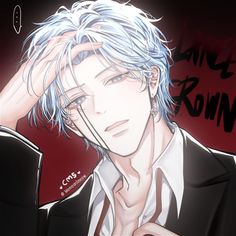 an anime character with blue hair wearing a black suit and white shirt, holding his hand to his head