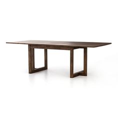 a wooden table with two legs and a long rectangular top, against a white background