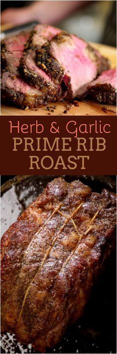 herb and garlic prime rib roast on the grill with text overlay that reads herb & garlic prime rib roast