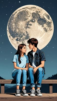 a man and woman sitting on a bench in front of the moon with their faces close to each other