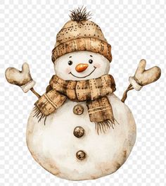 a watercolor snowman wearing a hat and scarf, with his hands in the air