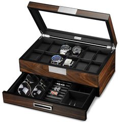 PRICES MAY VARY. STAY ORGANIZED:Each watch cushion holds a small or large watch neatly in place . There is plenty of space between the lid and cushions to accommodate watches of all size. The drawer compartments of different sizes and shapes to keep all types of accessories separated, organized and all in one place for easy access.These compartments will hold your wallets,keys, sunglasses,big watches, cufflinks,rings,pens,knives and passports.Keep your Dresser Organizer and put your daily valuab Watch Box For Men, Jewelry Box Organizer, Mens Jewelry Box, Wooden Watch Box, Mens Watch Box, Watch Display Case, Accessories Organizer, Watch Organizer, Watch Holder