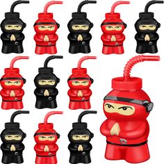 a set of cartoon fire hydrants with different faces and body shapes, all in black and red