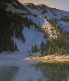 an oil painting of snow covered mountains and trees on the side of a body of water