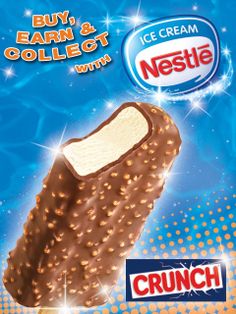 an advertisement for nestle ice cream on a blue background with gold dots and sparkles