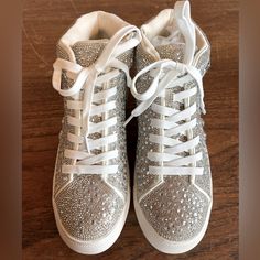 Perfect For A Bridal Events, Birthdays, Vacations, And Celebrations. Cushy But Cute And Have A Zipper For Convenience -No Need To Tie Your Shoes As You Are In The Go. Brand New Never Worn Glamorous Embellished Lace-up Sneakers, Glamorous Bling Lace-up Sneakers, White Party Sneakers With Rhinestones, White Rhinestone Party Sneakers, White Bling Sneakers For Party, White Embellished Sneakers For Party, Silver Embellished Party Sneakers, White Embellished Party Sneakers, Embellished High-top Party Sneakers