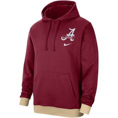 Celebrate your unwavering Alabama Crimson Tide spirit with the Men's Nike Crimson Alabama Crimson Tide Campus Retro Fleece Pullover Hoodie. Crafted from a cozy cotton and polyester blend, this midweight pullover proudly displays embroidered graphics that showcase your allegiance to the Crimson Tide. Its loose fit and front pouch pocket provide comfort and functionality, while the fleece lining ensures warmth during chilly game days. Whether you're cheering from the stands or simply showing your Alabama Hoodie, Alabama College, Crimson Tide Football, Nike Fleece, Nike Long Sleeve, School Logo, Arkansas Razorbacks, Hoodies Men Pullover, Alabama Crimson