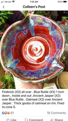 a hand holding a red and blue bowl in it's right hand, with the bottom